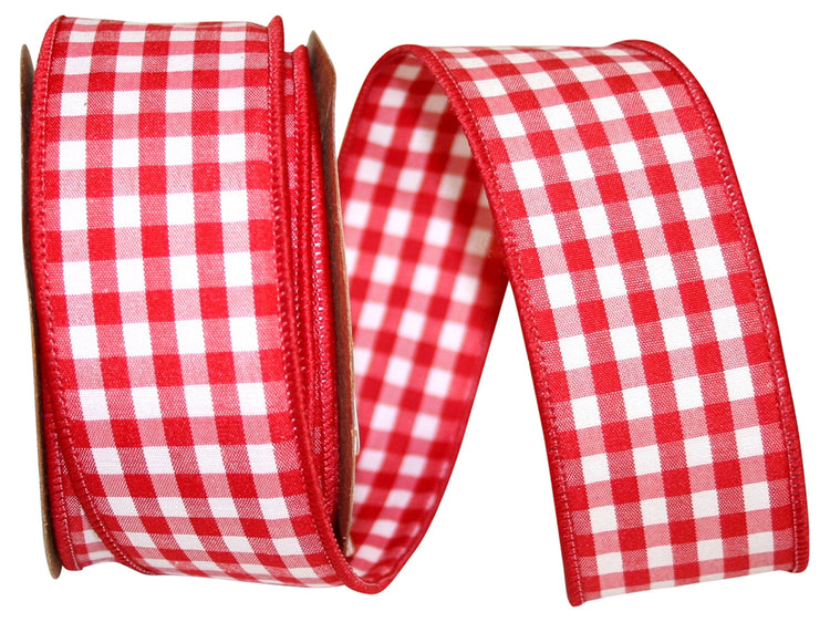 Medium red gingham check wired edge ribbon with a 3-inch width.