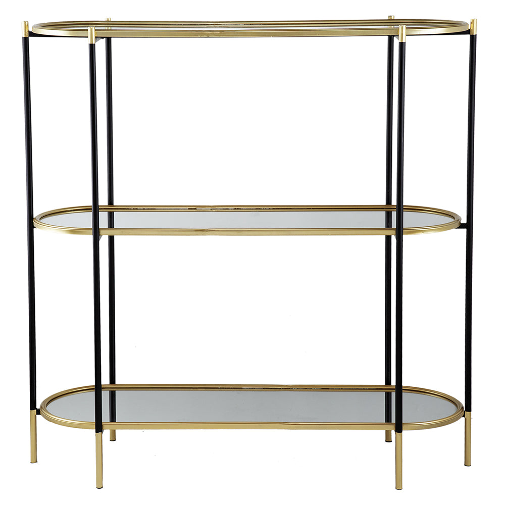 Bertram three-tier metal console table with iron frame, MDF shelves, and mirrored accents in a modern silhouette.