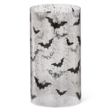 7.75 inch glass cylinder candle slip cover with black bat silhouettes and a speckled silver finish.