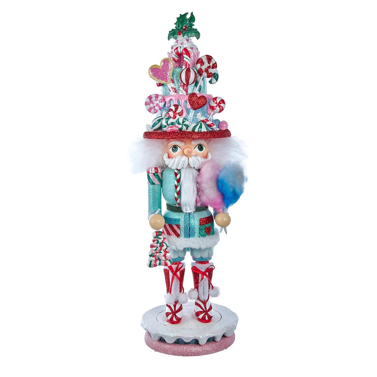 18-inch Hollywood Nutcracker with a candy-themed hat, holding cotton candy and a lollipop tree.