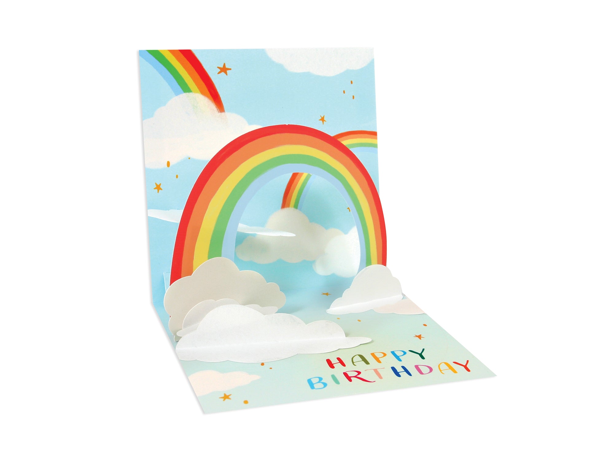Pop-up birthday card featuring a triple rainbow arching over white clouds in a blue sky.