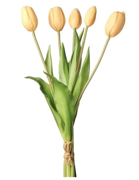 Bundle of five soft-touch tulip-shaped candles in a neutral tone.