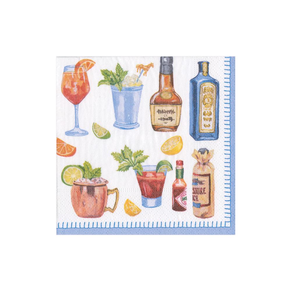 Packaged Caspari triple-ply cocktail napkins featuring museum artwork designs.