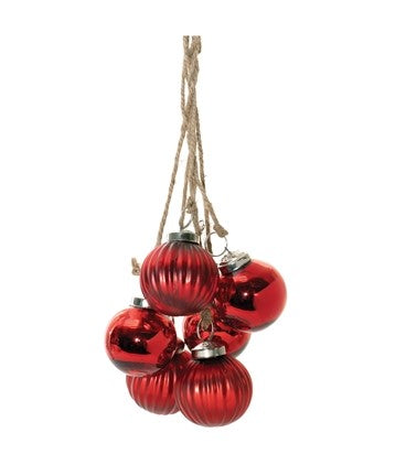 Ornament Drop 21”L featuring a cluster of red glass baubles hanging from jute strings.