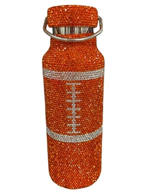 Orange rhinestone water bottle with white crystal football laces and stripes design.