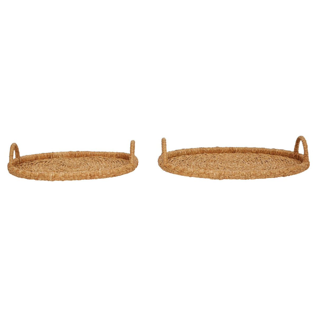 Hand-woven tray with handles in natural tones featuring a textured basket weave pattern.