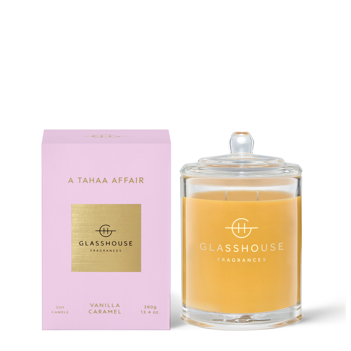 Tahaa Affair candle in a clear glass jar with white soy wax blend and natural cotton wick.