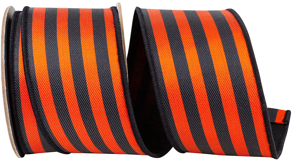 2.5 inch orange and black vertical stripe twill deluxe wired edge ribbon on a spool.