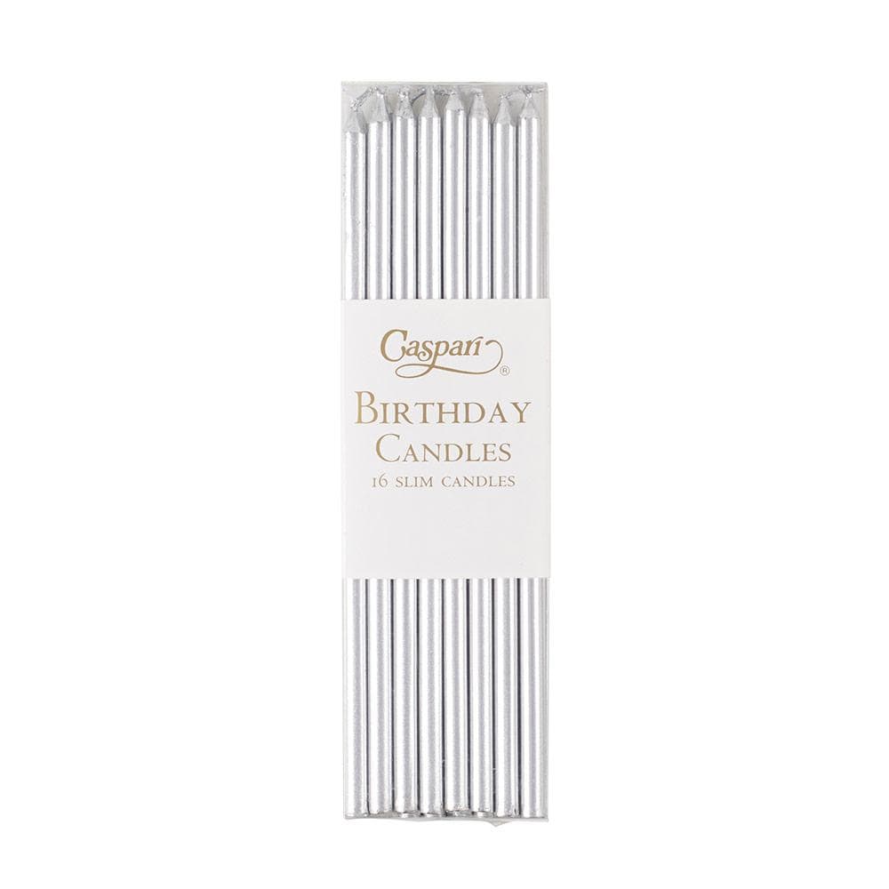 Set of 16 silver slim birthday candles by Caspari in a clear acetate box.