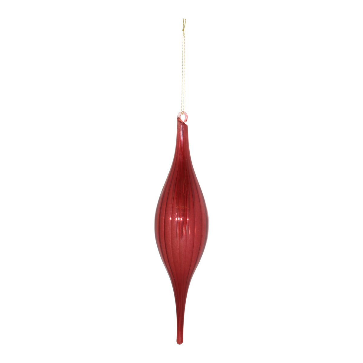 10.5-inch red glass drop ornament with a ribbed texture and gold hanging string.
