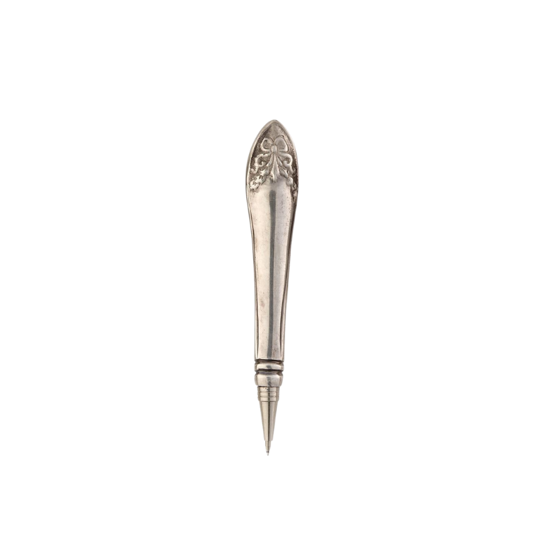 Victorian-style silver-plated brass pen with an ornate knife handle design and pointed tip.