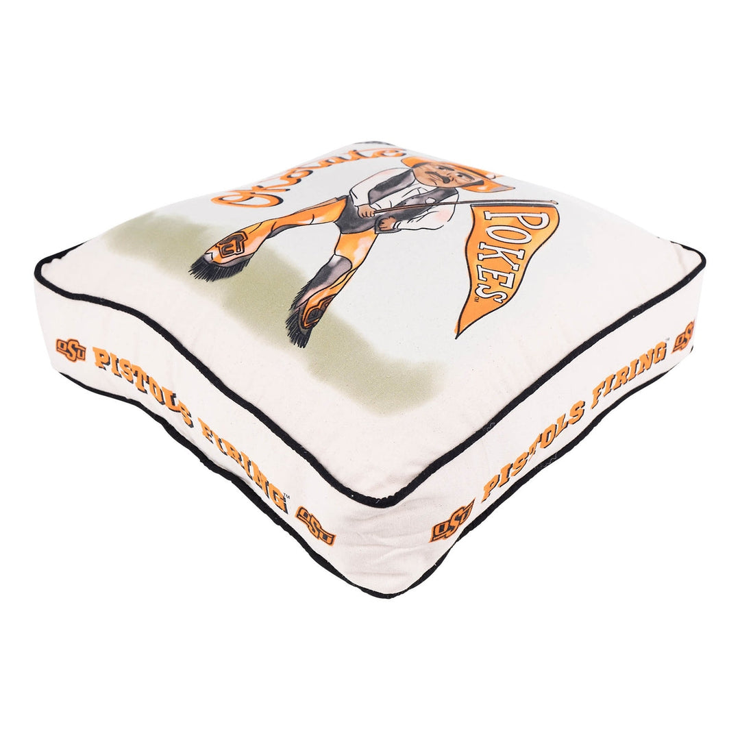 Oklahoma State Mascot Pillow featuring Pistol Pete and "Pistols Firing" text with black piping.