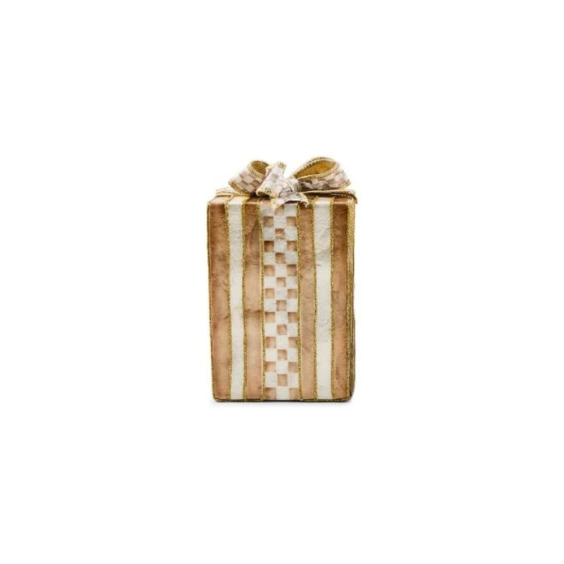 Mocha Capiz Gift Box with gold-trimmed stripes, checks, and a decorative bow.