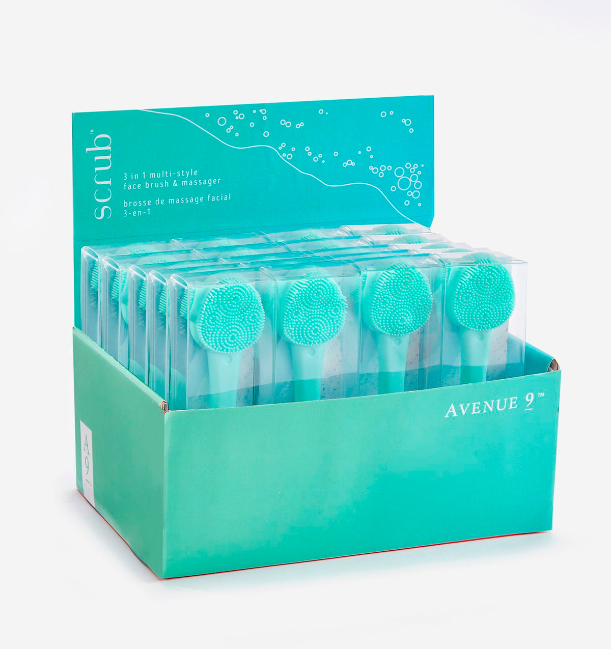 Display box of teal 3-in-1 multi-style face brushes and massagers by Avenue 9.