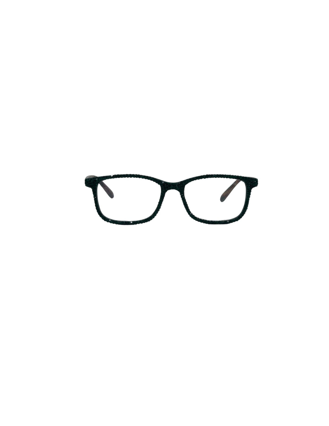 Black rectangular reading glasses with sparkling rhinestone embellishments on the frames.