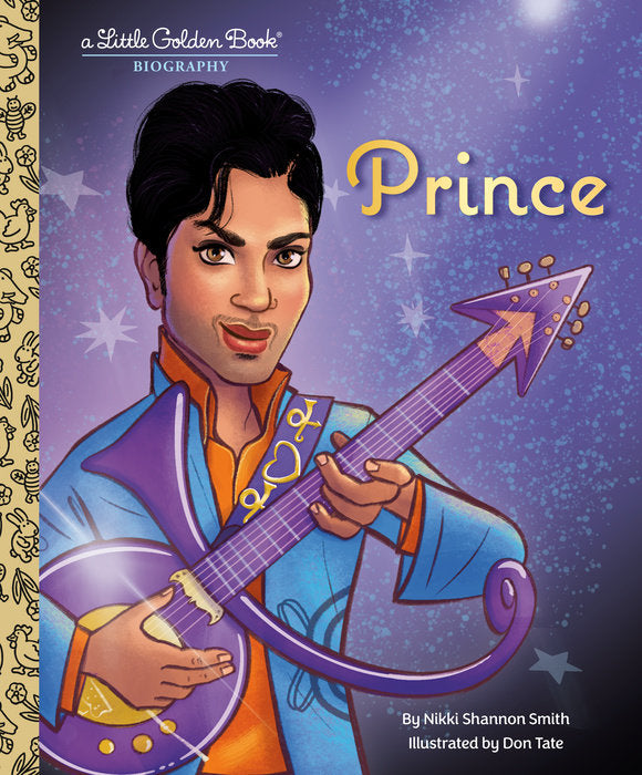 Prince: A Little Golden Book Biography cover art featuring a colorful illustration of Prince playing a guitar.