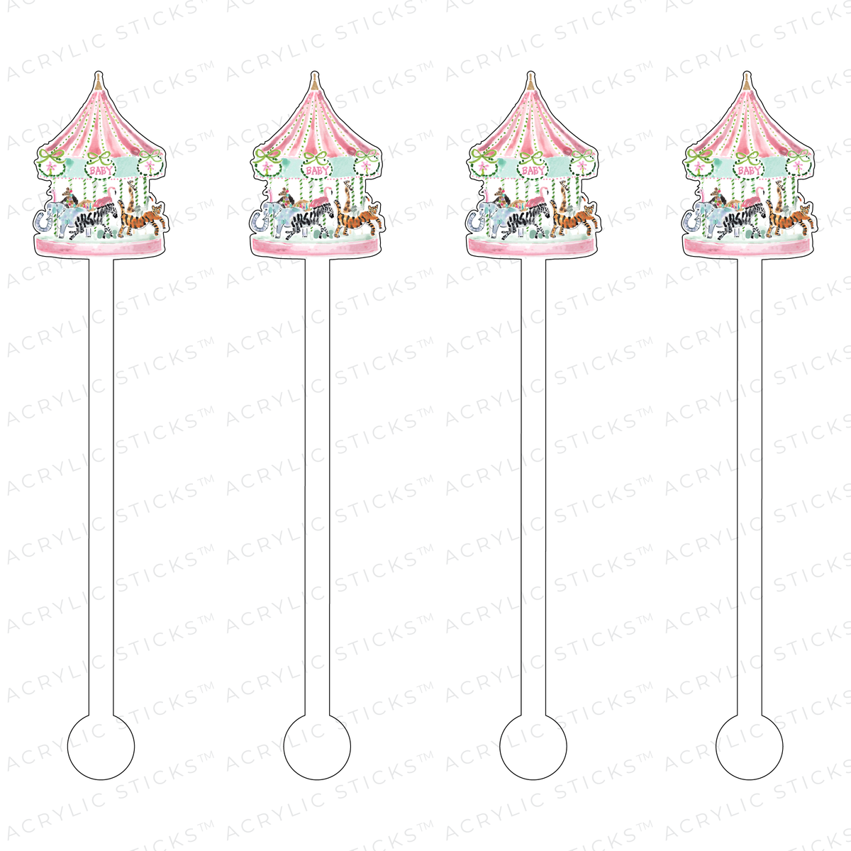 Set of four reusable acrylic stir sticks featuring a pink and white baby carousel design.
