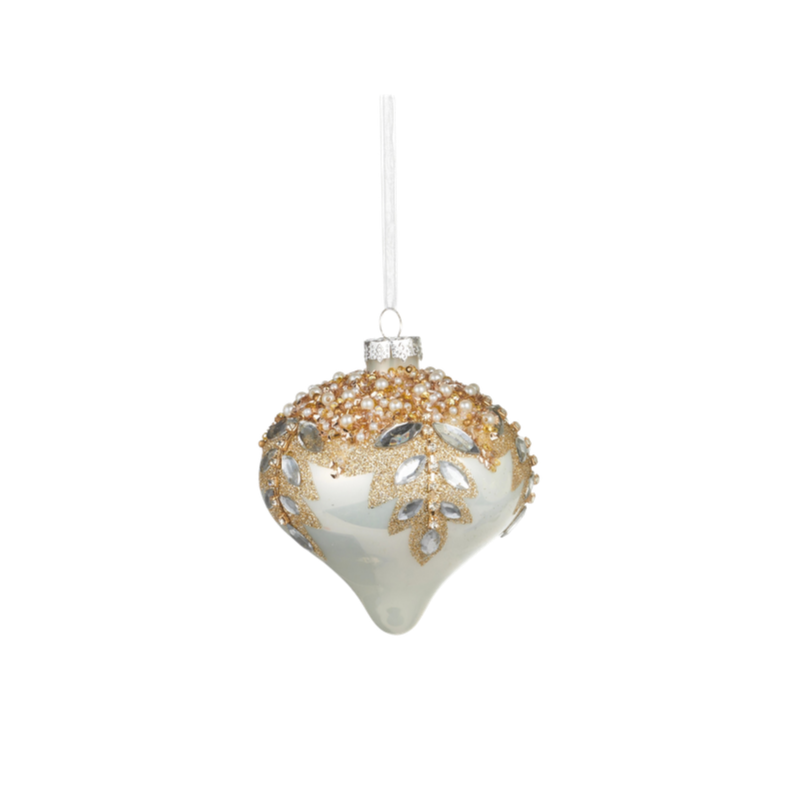 5-inch white glass teardrop ornament with gold glitter leaves and encrusted gems and pearls.