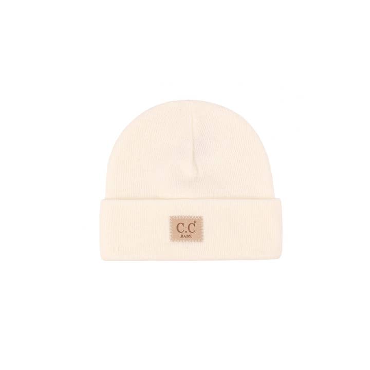 Baby ribbed beanie in soft acrylic knit with a classic fitted silhouette.