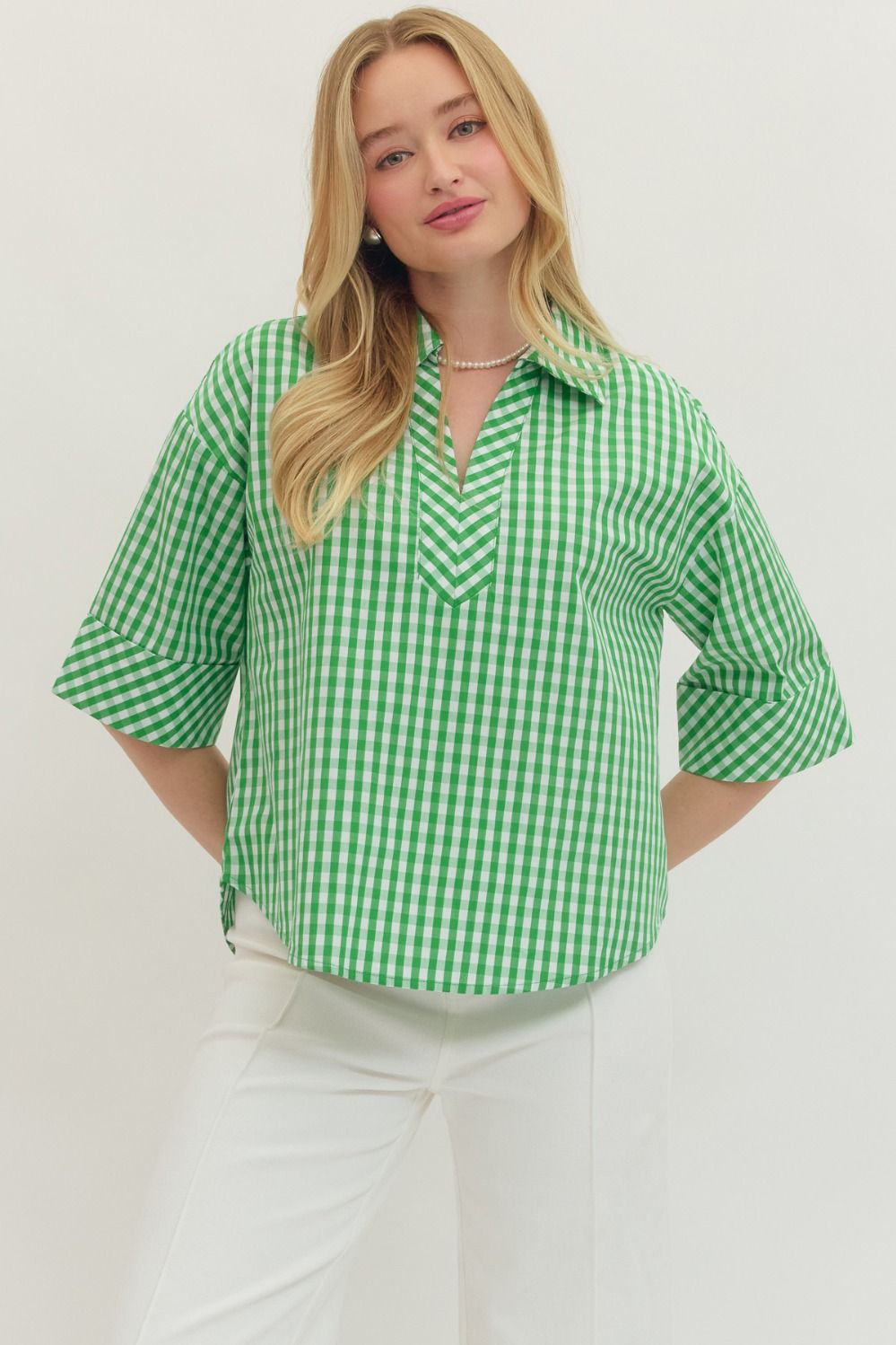 Pamela gingham print cotton top with split V-neck collar and buttoned cuffs