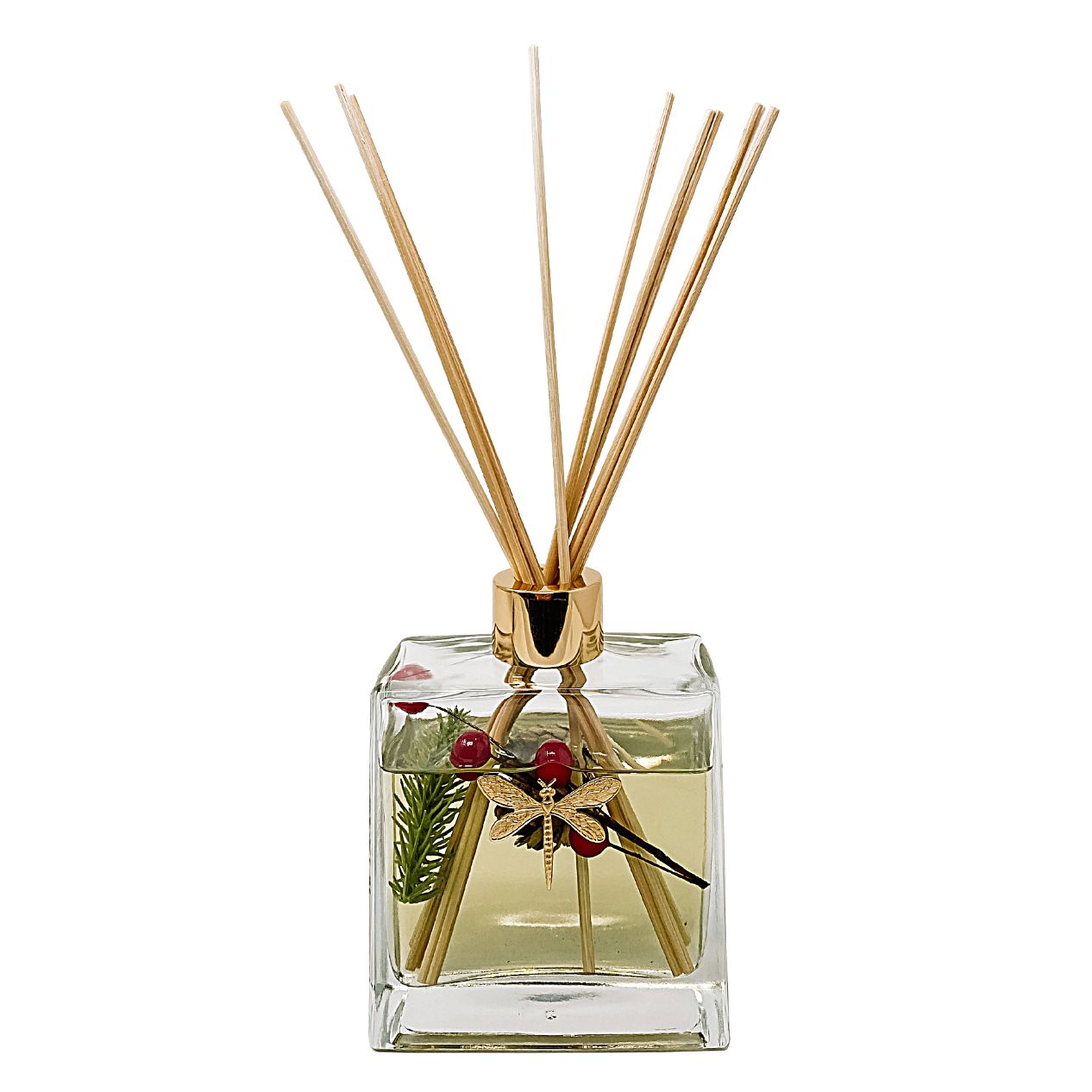 Square glass bottle with Dragonfly Poinsettia botanical fragrance oil and natural rattan reeds.