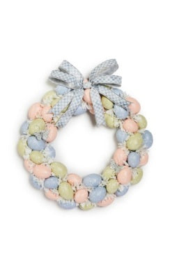 16-inch Easter egg wreath with pastel pink, blue, and yellow eggs and a blue checkered bow.