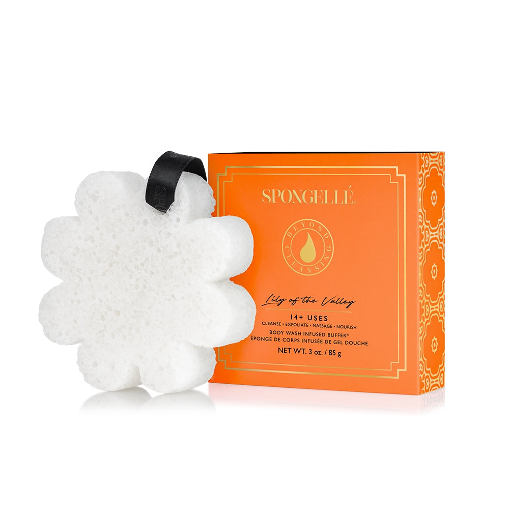 Boxed Flower bath sponge with built-in wash in a chic hanging ribbon design.