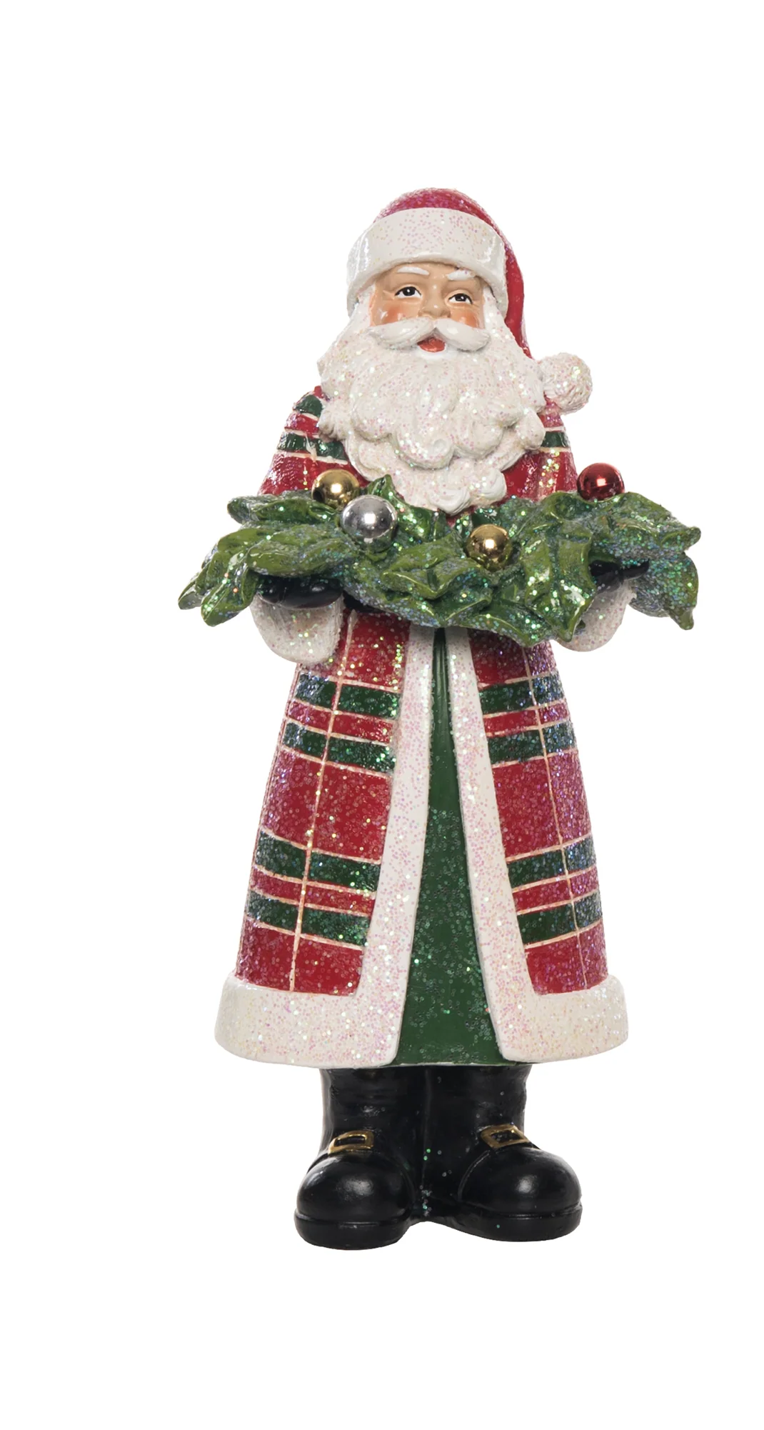 Resin Santa figurine in a red and green plaid coat holding a glittery holly garland.