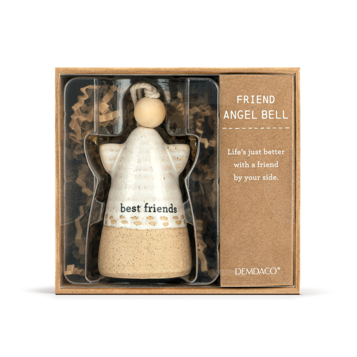 Angel Mini Bell stoneware bell with wood accents in natural tones