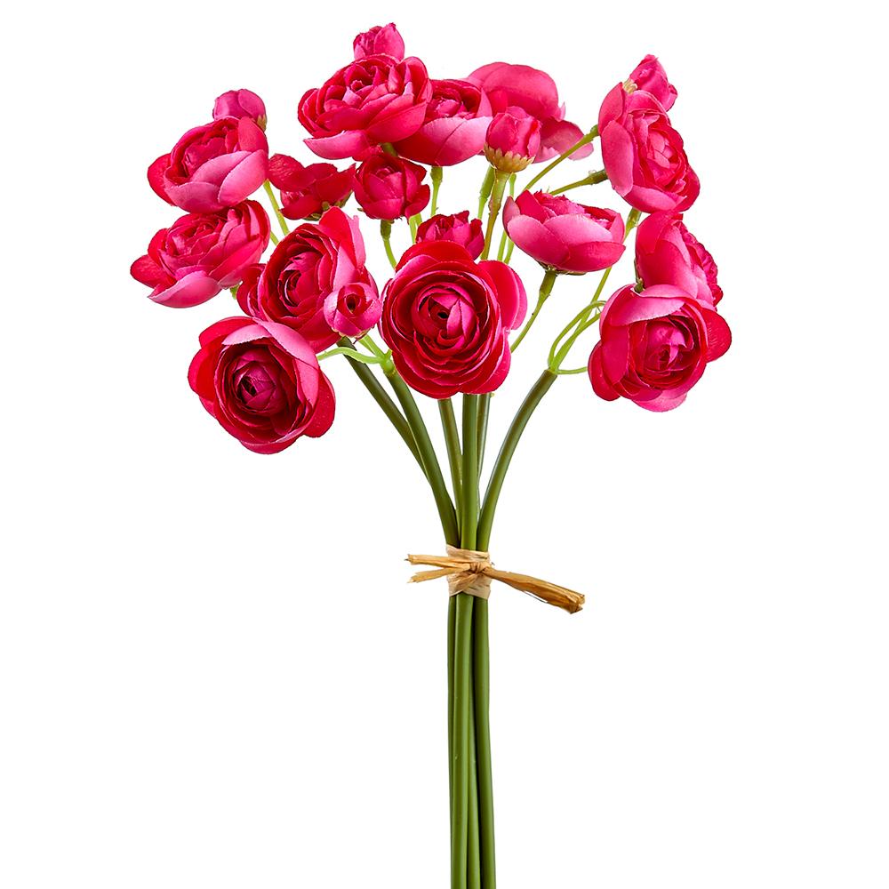 Bundle of ten-inch artificial ranunculus flowers in white plastic with glue backing.