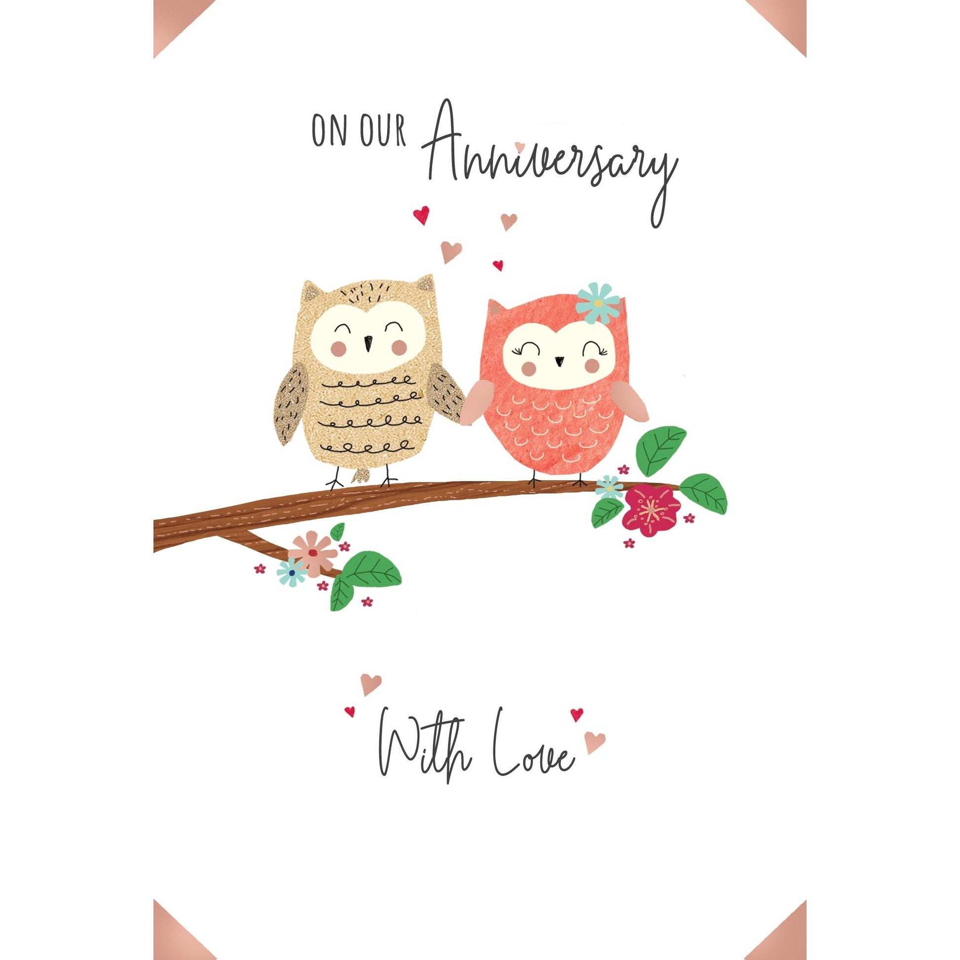 Foil anniversary card with owl illustration reading 'On Our Anniversary With Love Inside'.