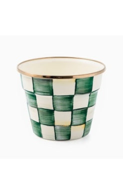 Small garden pot with a green and white hand-painted checkered pattern and a gold-toned rim.