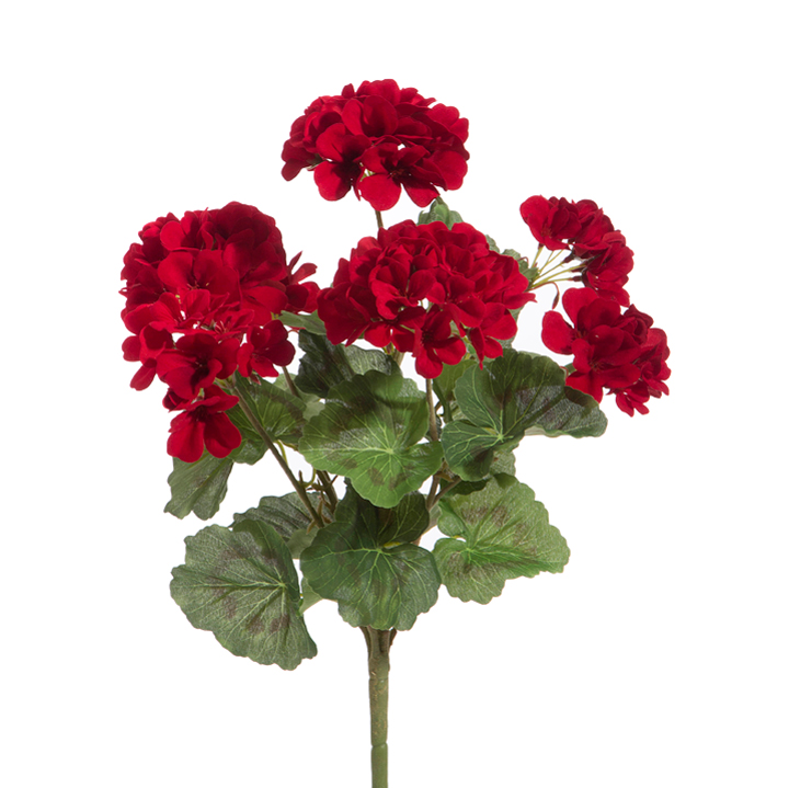 Artificial red geranium bush made of polyester and plastic with a full silhouette measuring 18 inches tall.