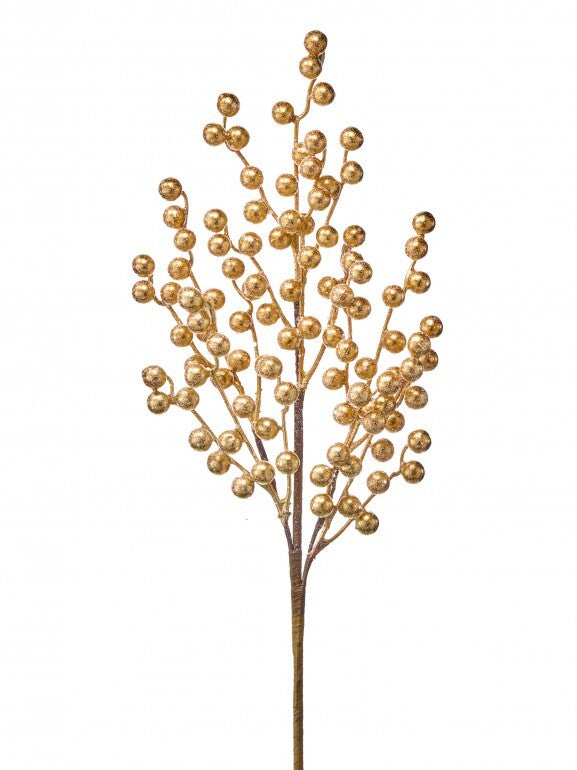 25-inch sugared glitter metallic gold berry spray with multiple branches and textured berries.
