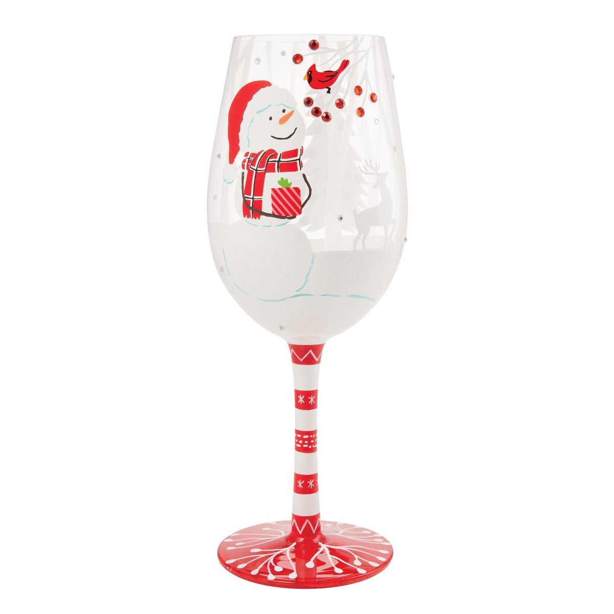 Blown glass wine glass with hand-painted colorful cocktail recipe base and glitter accents