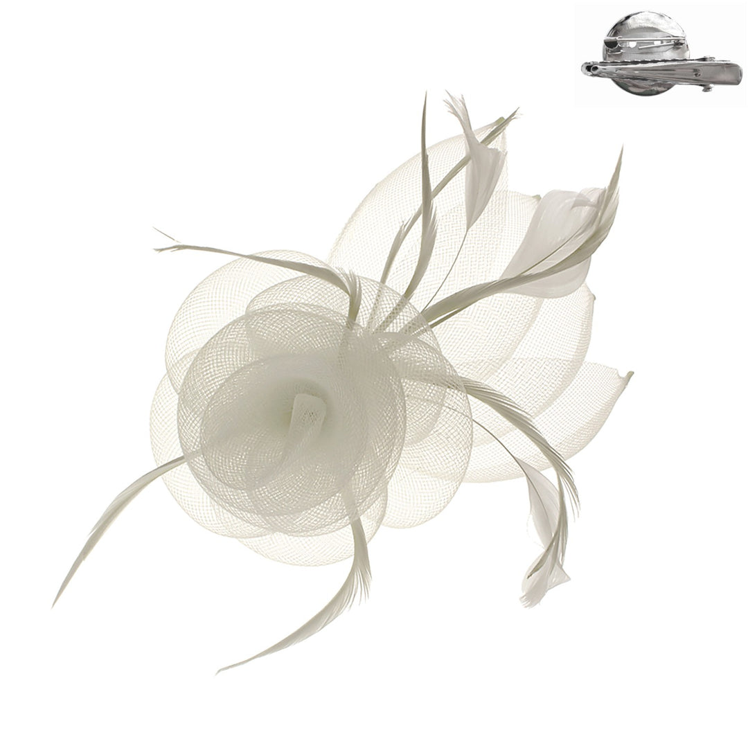 Black mesh fascinator with white floral print featuring a decorative clip attachment.