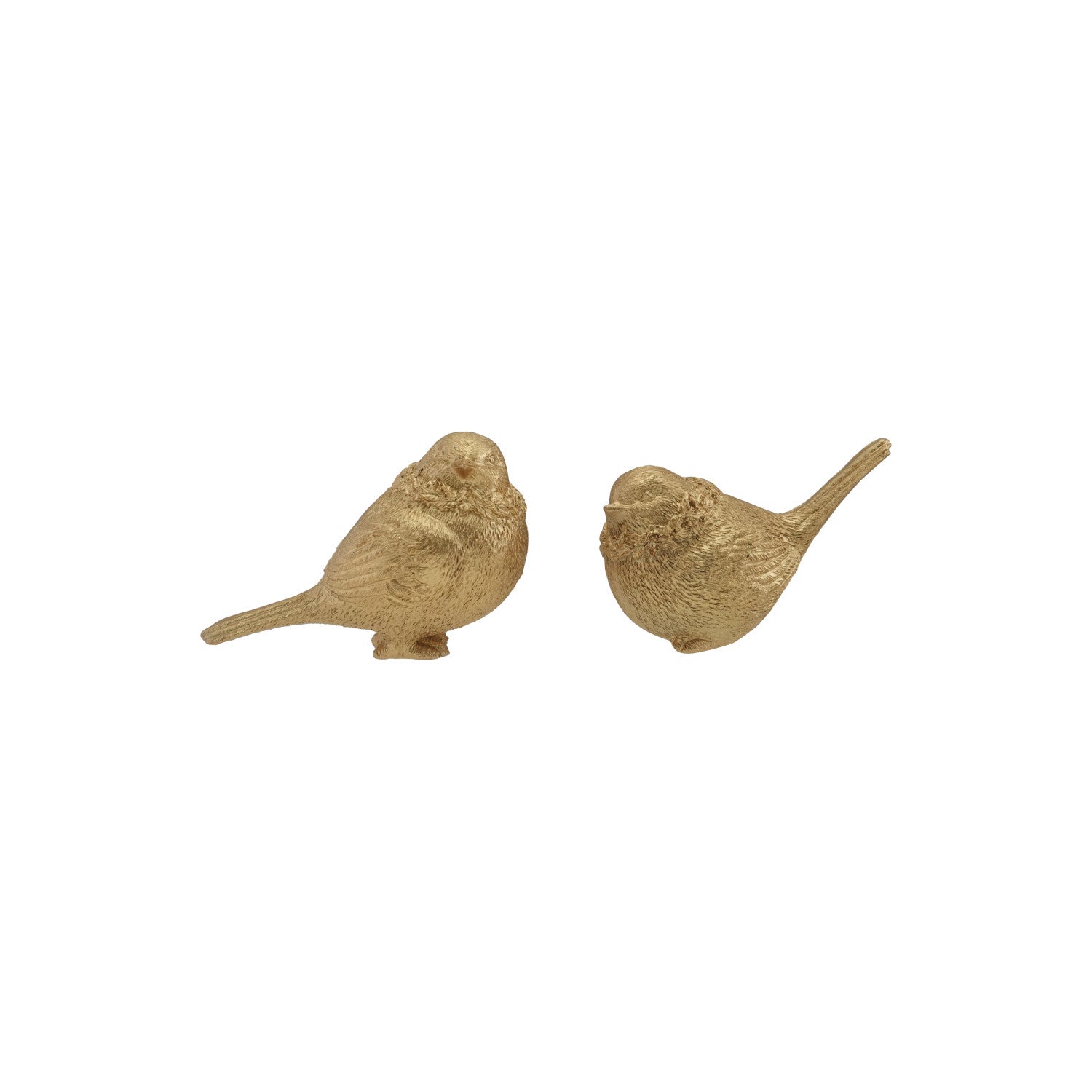 Two small gold-finished resin bird figurines with detailed feather textures.