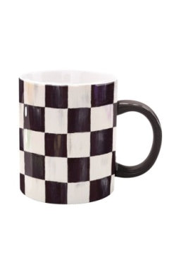 Handmade check porcelain mug with black grid pattern on white background