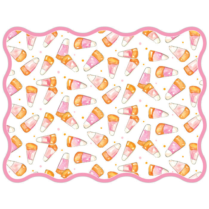 Scalloped-edge paper placemat with a pink and orange watercolor candy corn pattern on white.