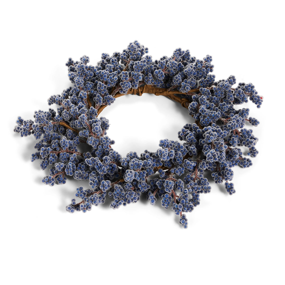 6.25-inch iced blue berry mini wreath candle ring with frosted finish on a brown twig base.
