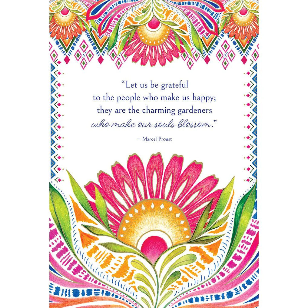 Two Twenty Two BD Friend Flower Rise greeting card with embossed foil floral pattern on front and birthday message inside.