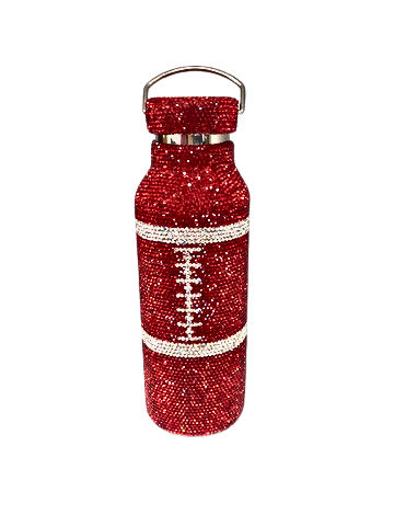 Red rhinestone bling water bottle with white crystal football laces and stripes design.