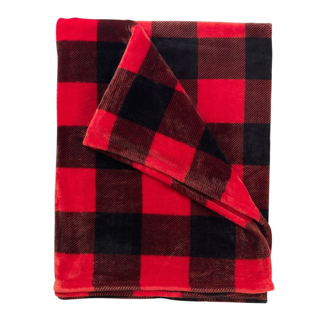 Red buffalo check plush polyester blanket measuring 80 by 50 inches.