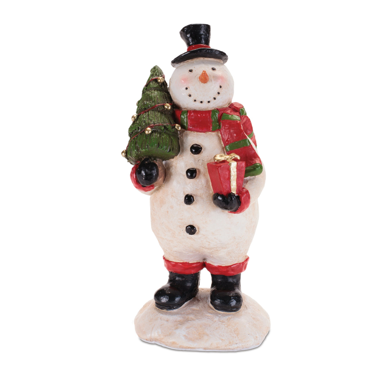8.75-inch resin snowman figurine holding a small tree with white and green tones.