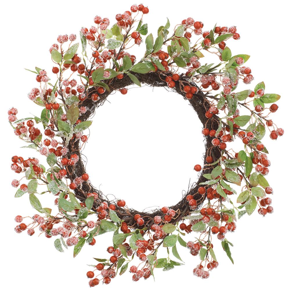 24-inch wreath featuring red berries with frosted snow accents and green leaves on a twig base.