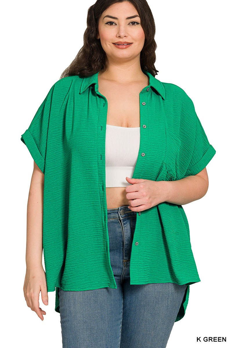 Plus size green woven airflow button-down shirt with short sleeves and a hi-low hem.
