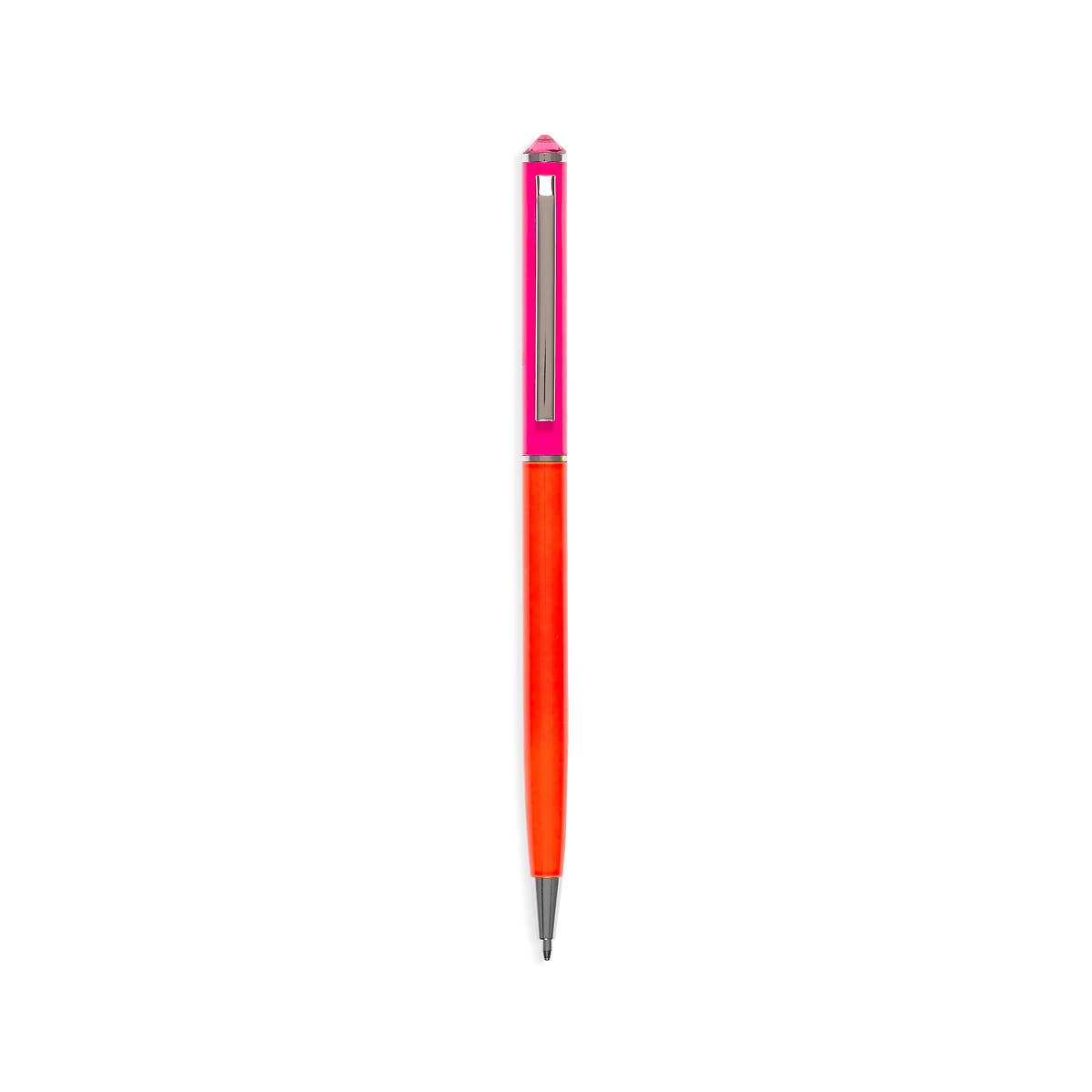Tub containing thirty black metal ballpoint pens with neon barrels and gem tops.