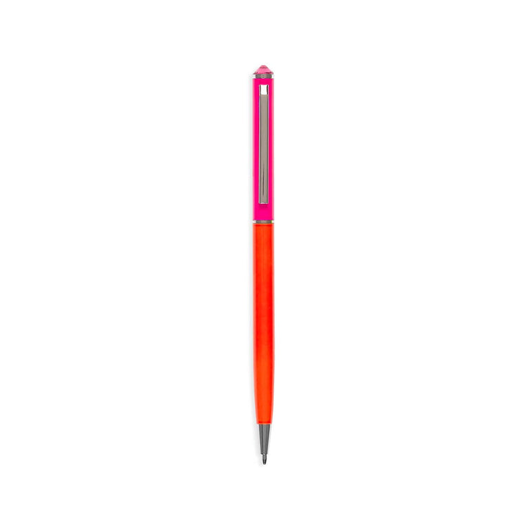 Tub containing thirty black metal ballpoint pens with neon barrels and gem tops.