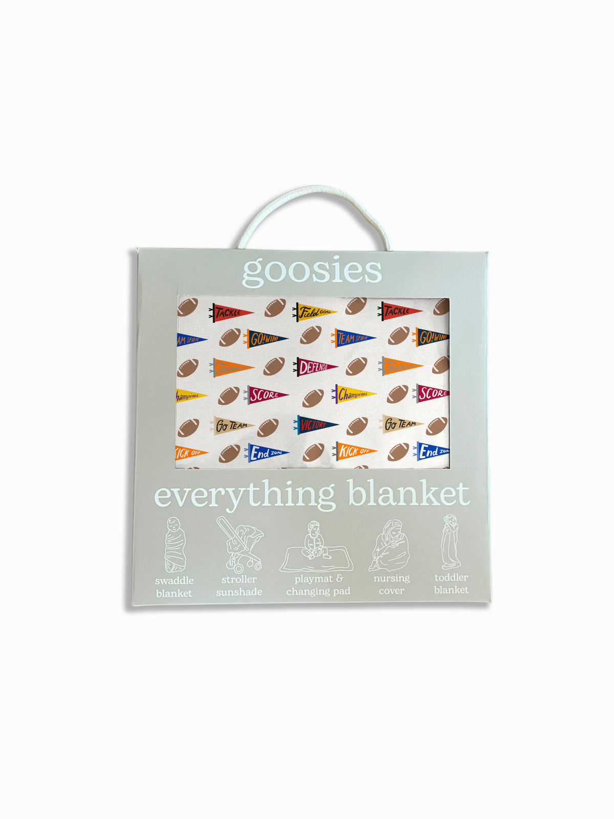 Goosies Everything Blanket in Varsity Flags print, featuring footballs and colorful sports pennants.