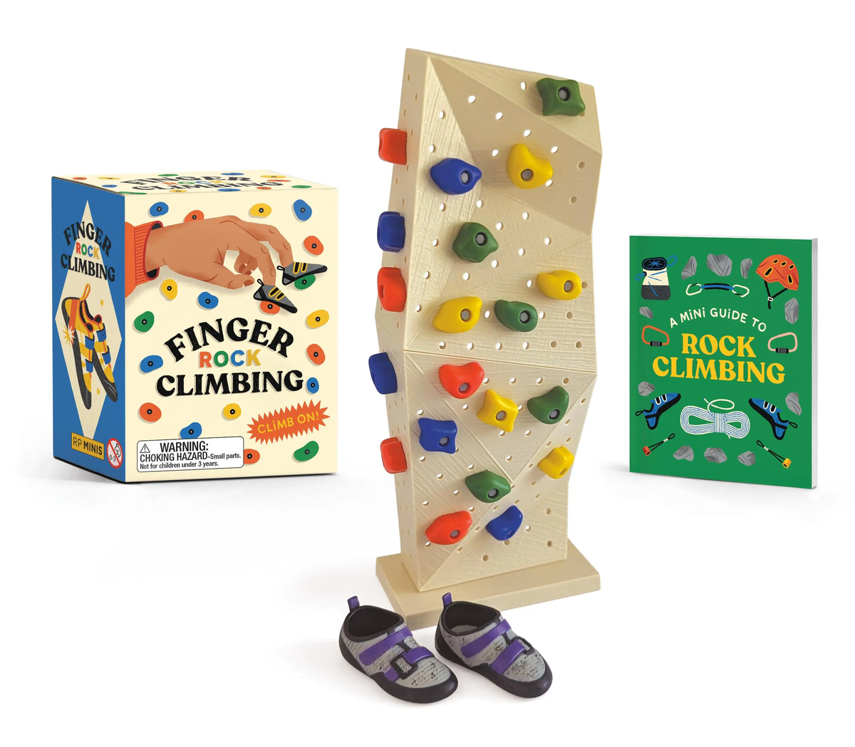 Finger Rock Climbing kit with a mini wall, colorful holds, finger shoes, and an illustrated guide.
